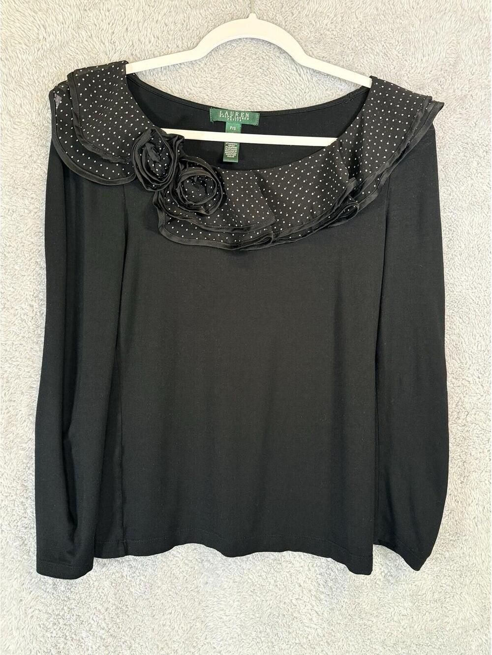 Vintage Lauren Ralph Lauren Ruffle Neck Polka Dot Chiffon Accent Top Petite S